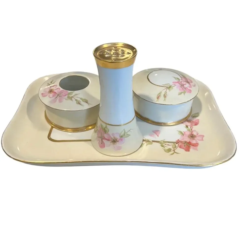 Vintage porcelain 0.& E.G. Royal Austria vanity 4 piece tray set pink floral